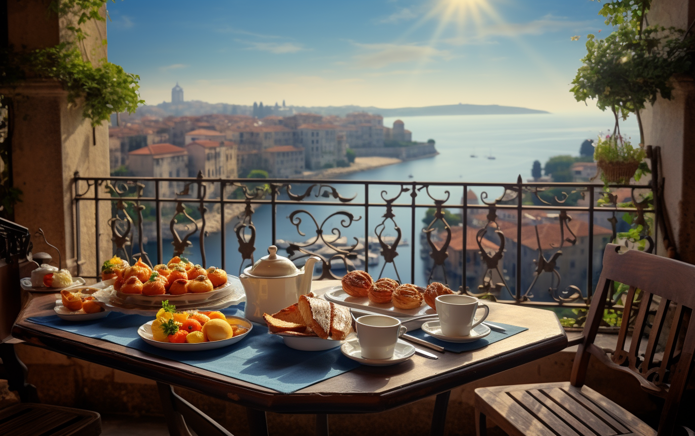 Scenic breakfast view over medieval port city