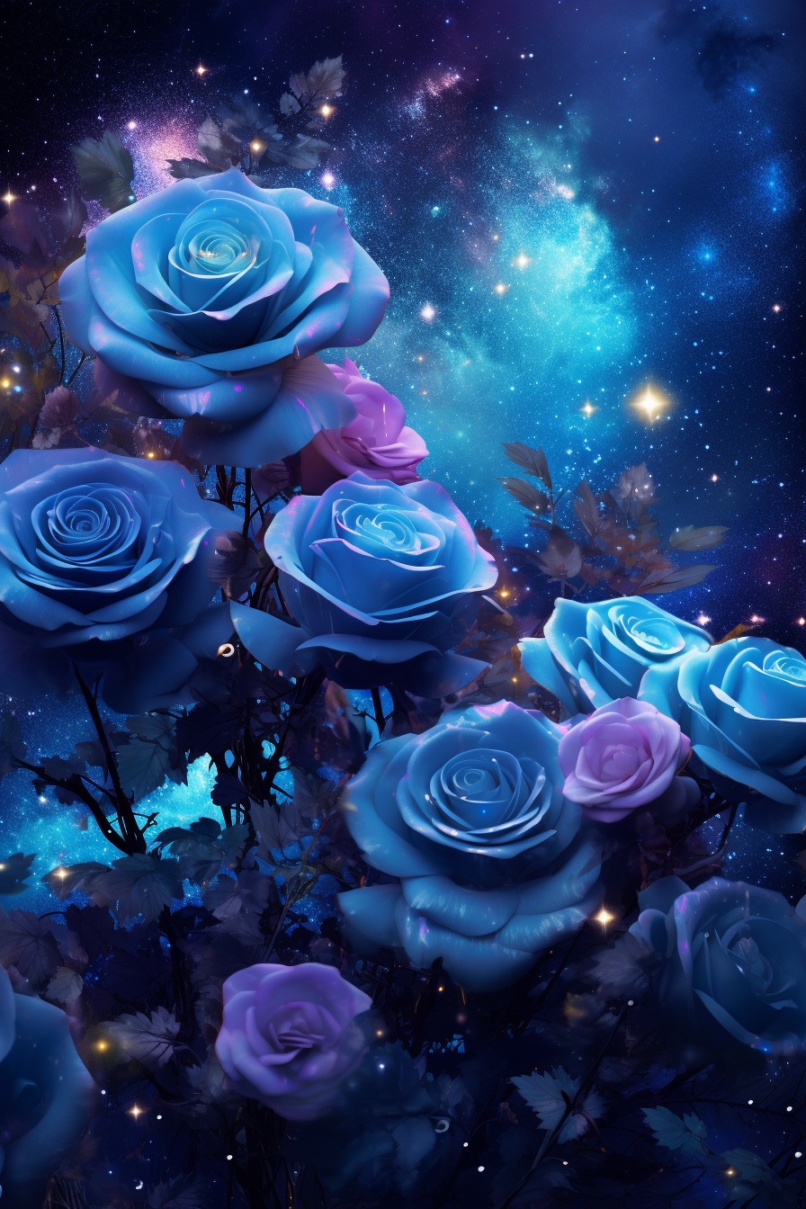 Spectacular blue roses under the night sky