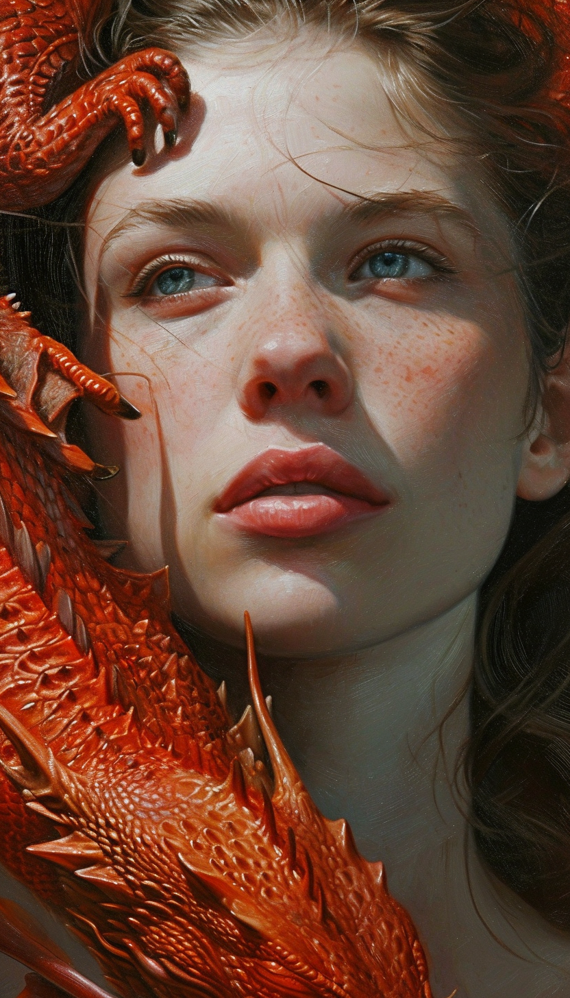 Close-up portrait of expressive woman and red dragon