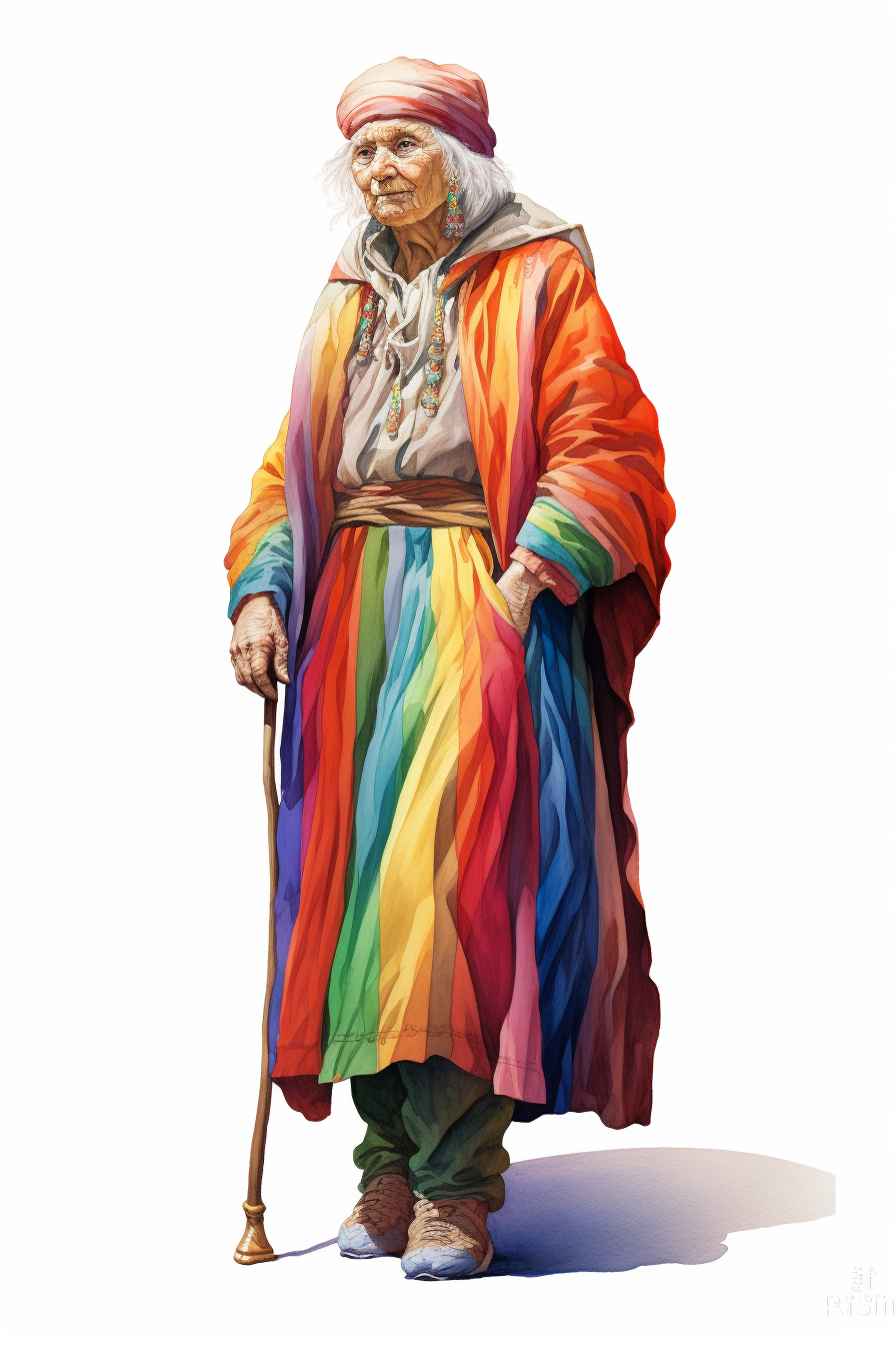 Ancient Bretonnian Senior Woman with Rainbow Clothes