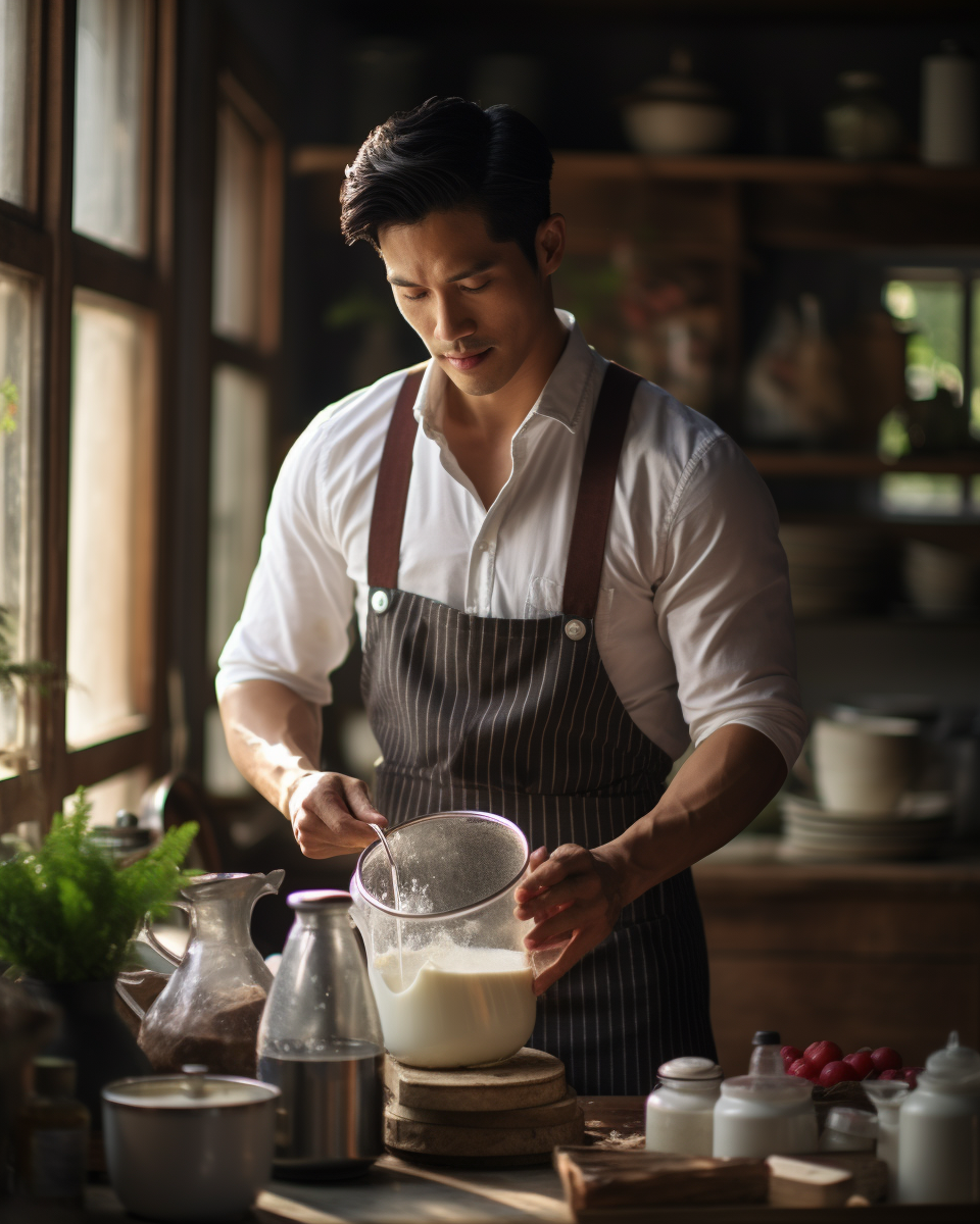 Young man brewing milk in kitchen