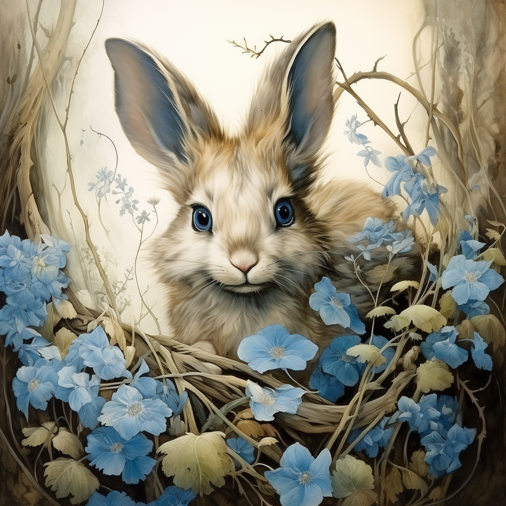 Fantasy illustration of a friendly rabbit in a garden