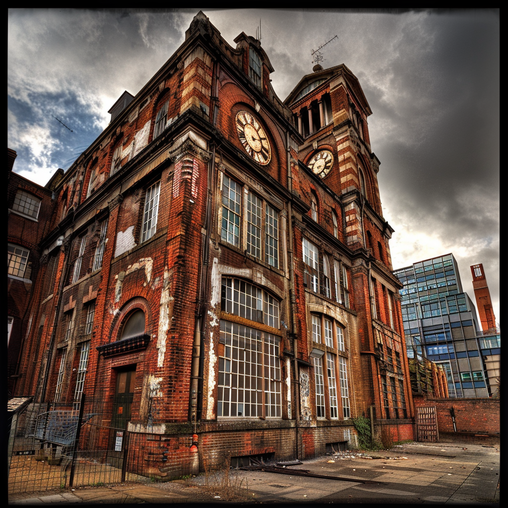 Brick building clock tower photo