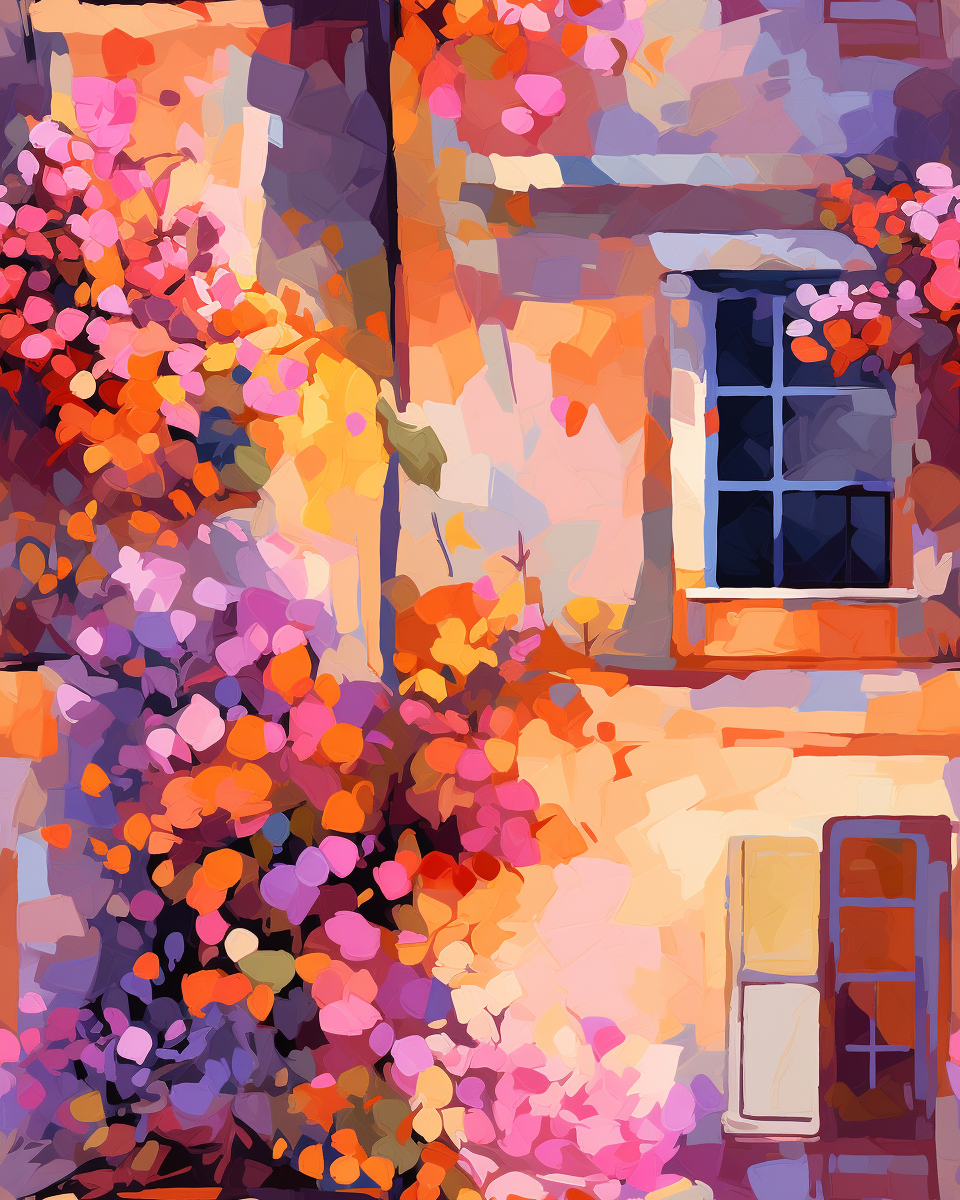 Brick house with colorful flowers