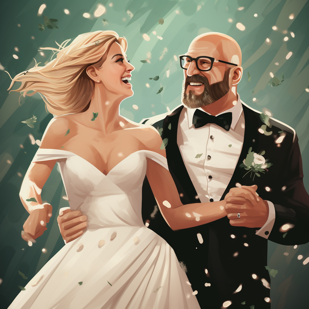 Blonde Bride and Bald Groom Holding Hands