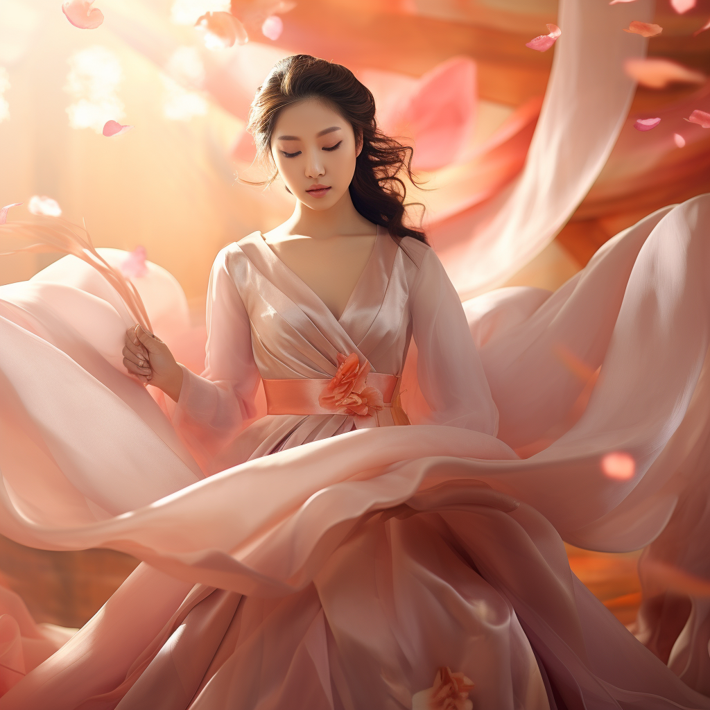 Beautiful bride in traditional hanbok with fluttering silk