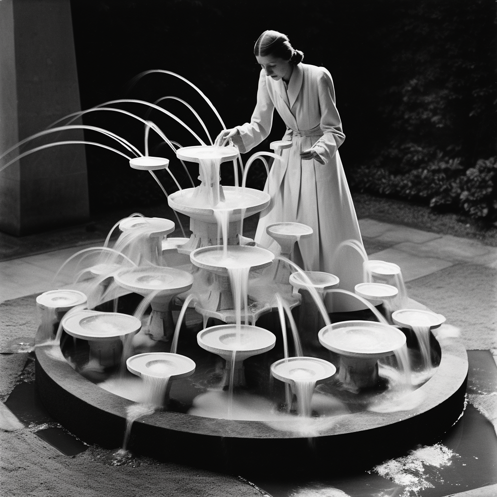 Bride playing with malic moulds in fountain