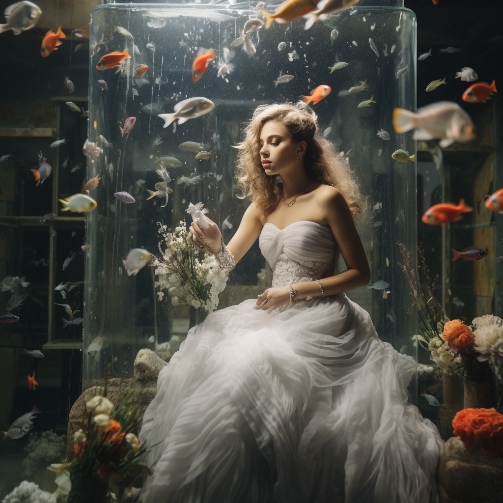 Bride in Aquarium with Ornamental Fish