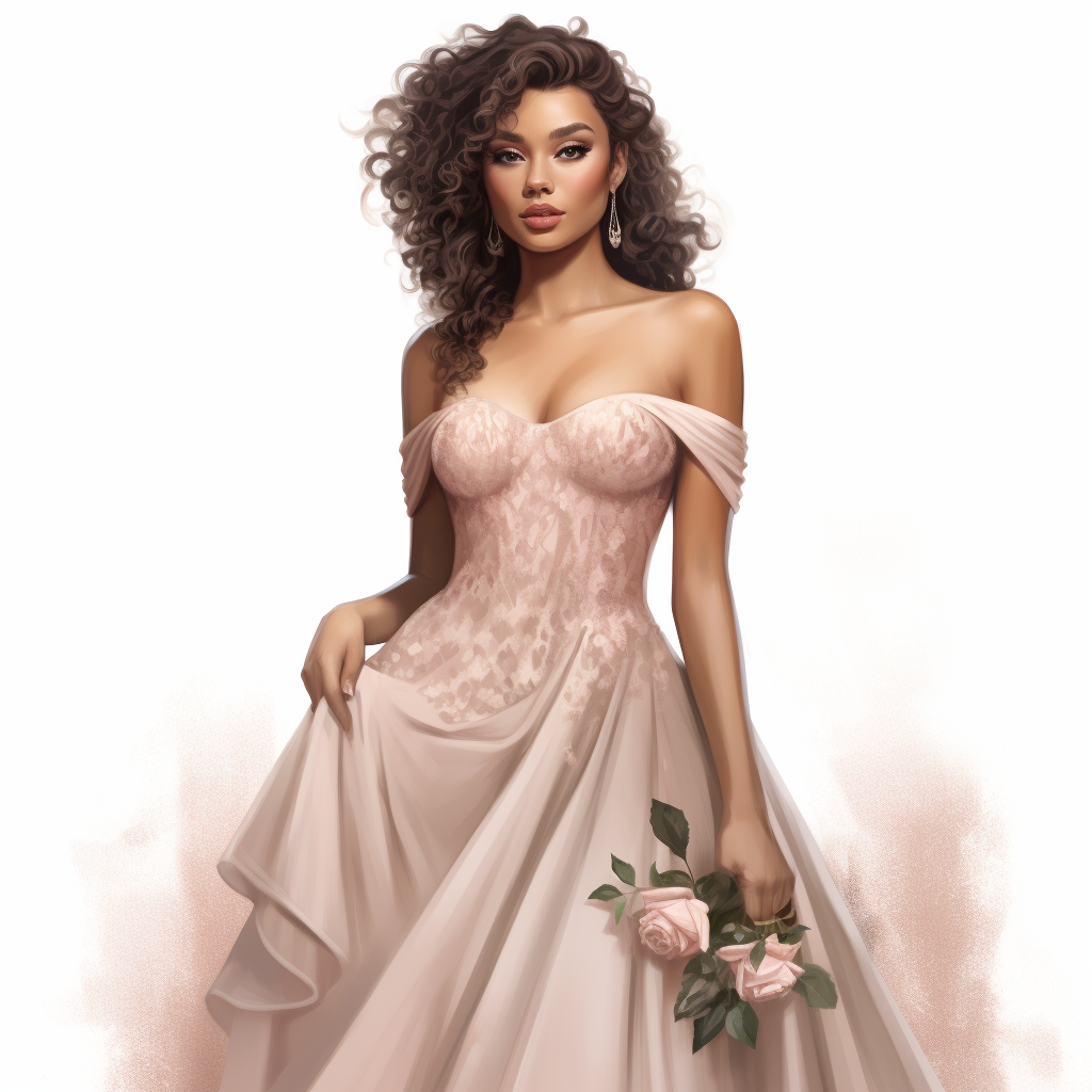 Beautiful biracial bride in off-shoulder wedding dress