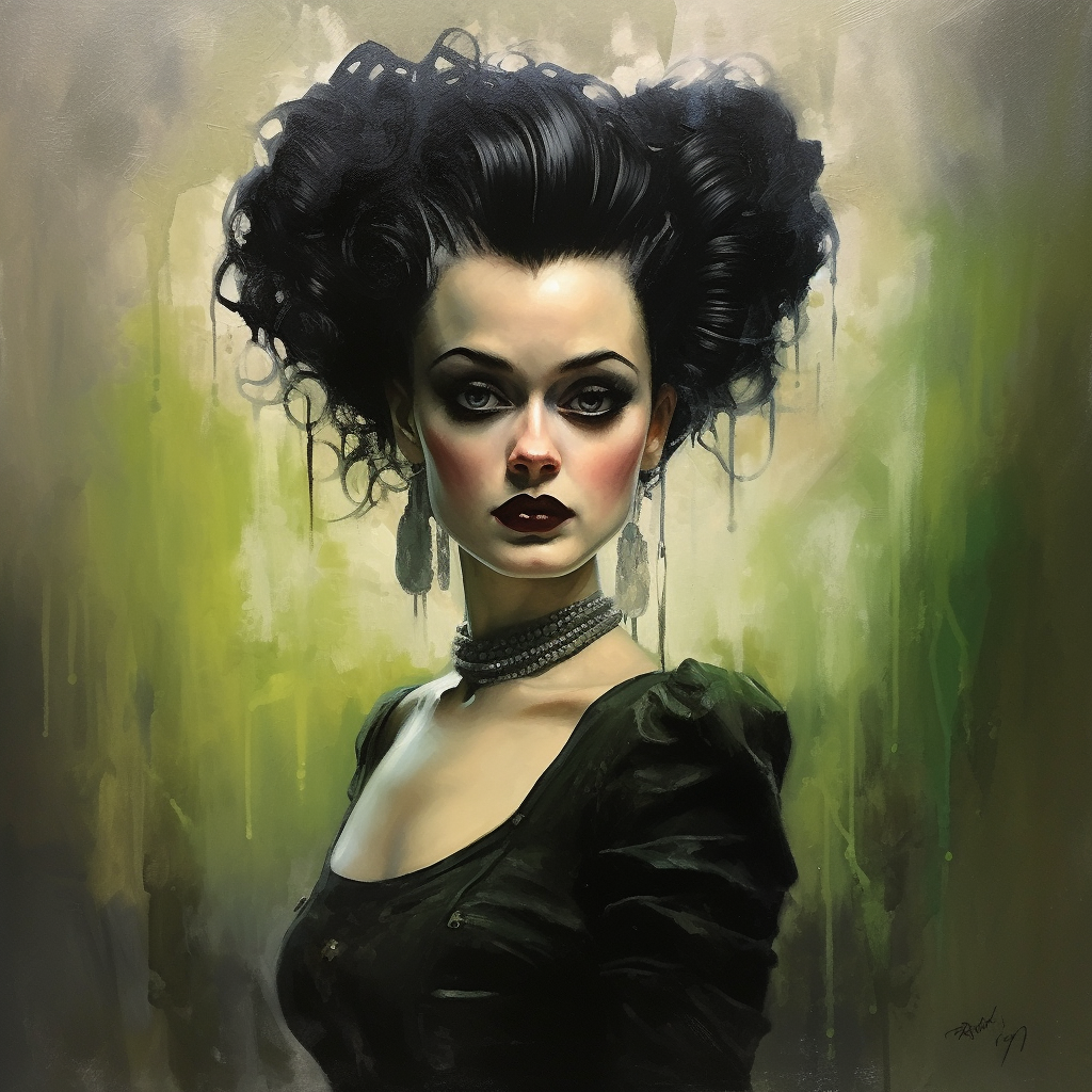 Realistic style painting of Bride of Frankenstein