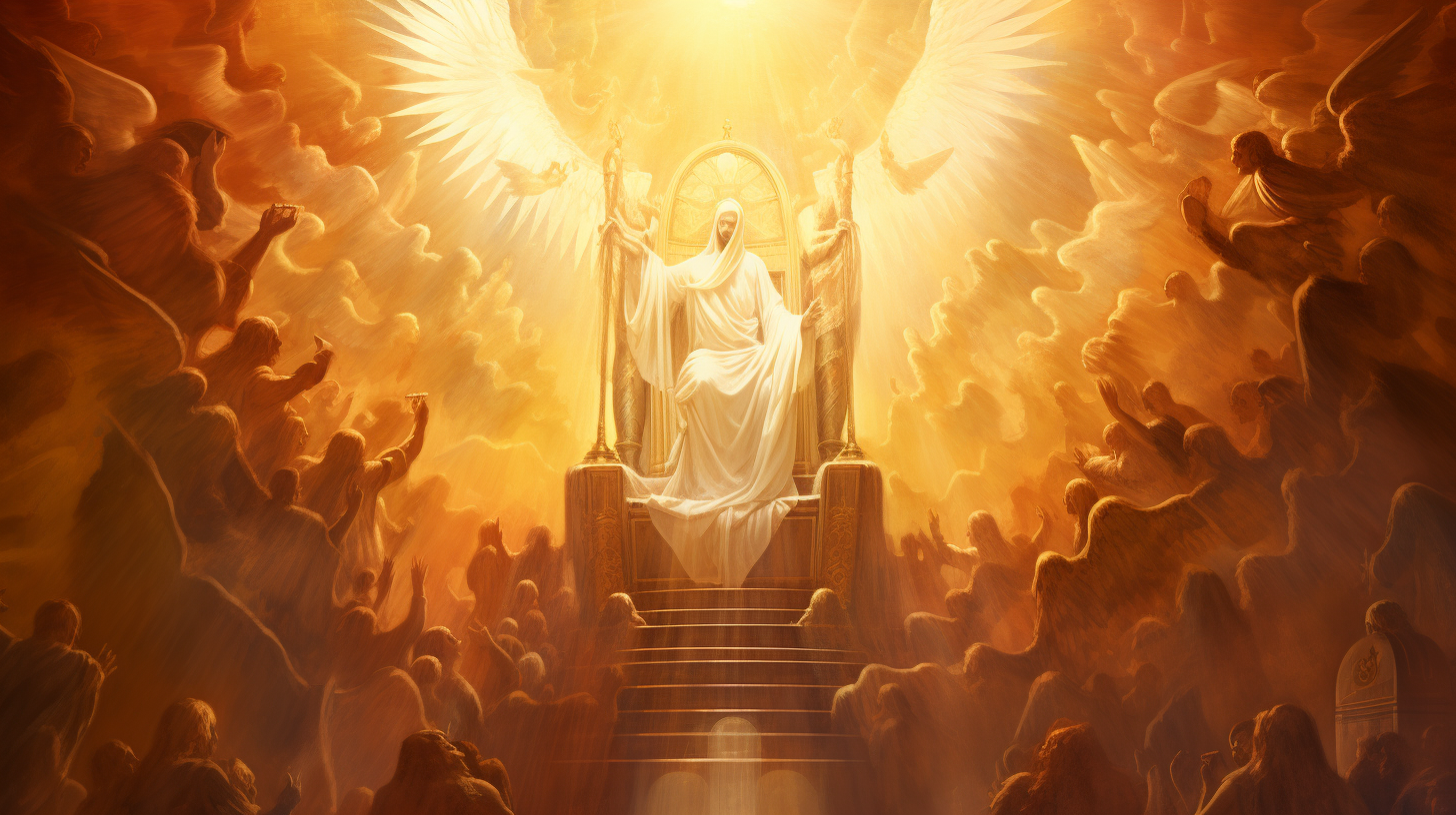 Angelic worship around golden throne in heaven