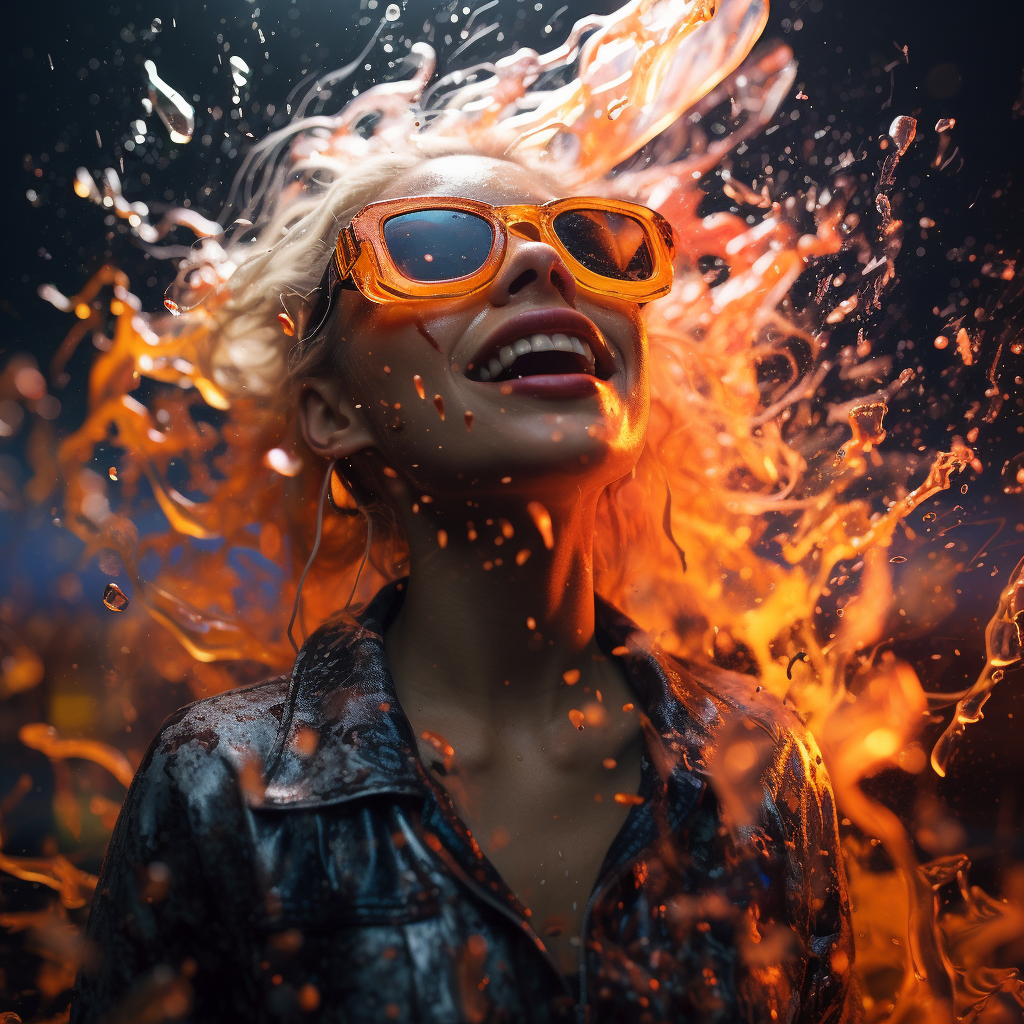 A girl with aviator glasses surrounded by colorful paint splashes