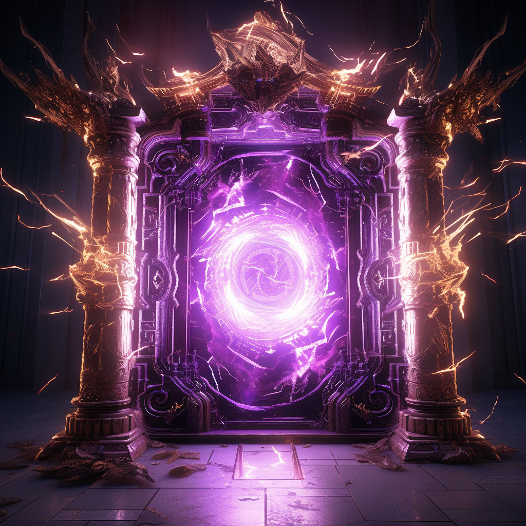 Ornamental door with purple magic lights