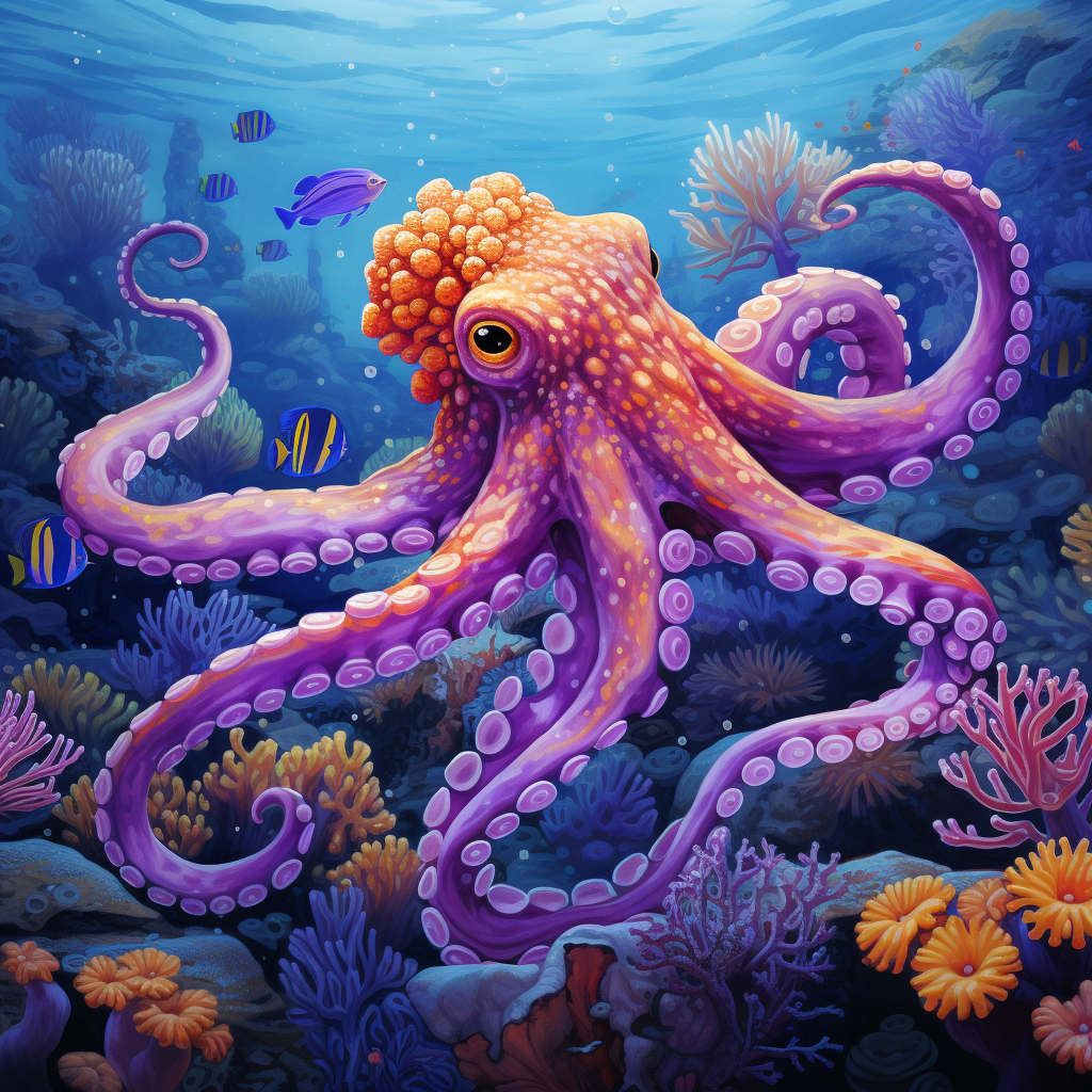 Bright purple octopus with orange spots