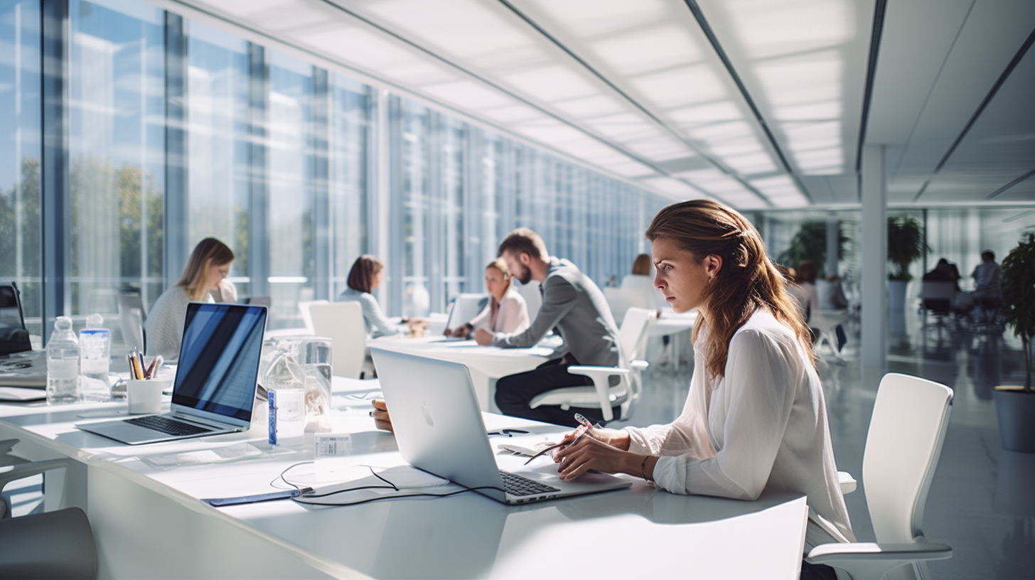 Employees working in a bright white office space