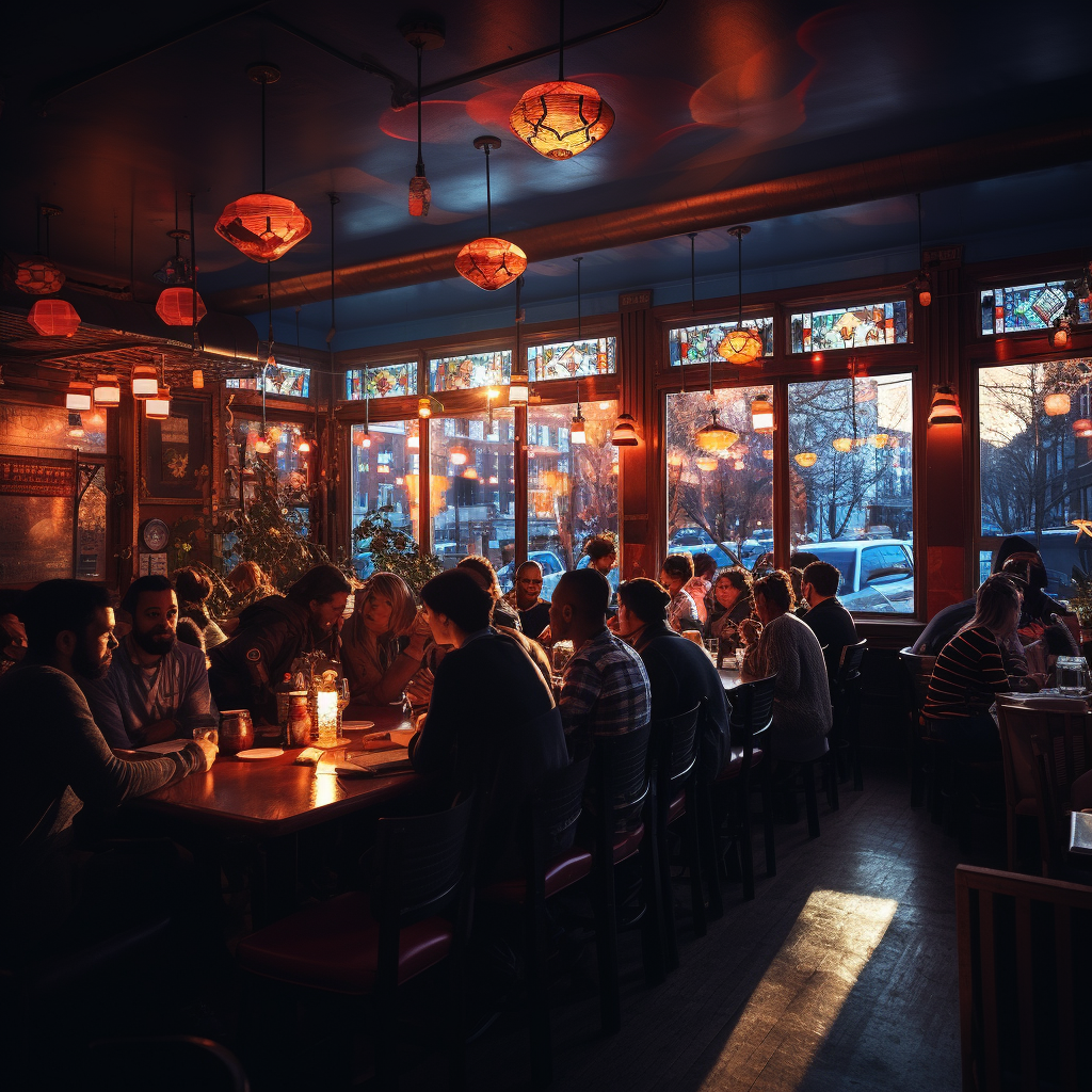 Customers enjoying a meal at a brightly lit restaurant