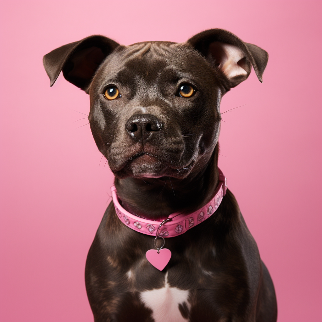 Adorable brindle pitbull chihuahua mix with pink collar