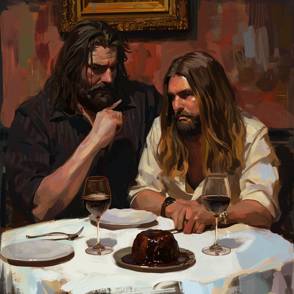 British 40-year-old and long-haired chubby 30-year-old eating chocolate lava cake