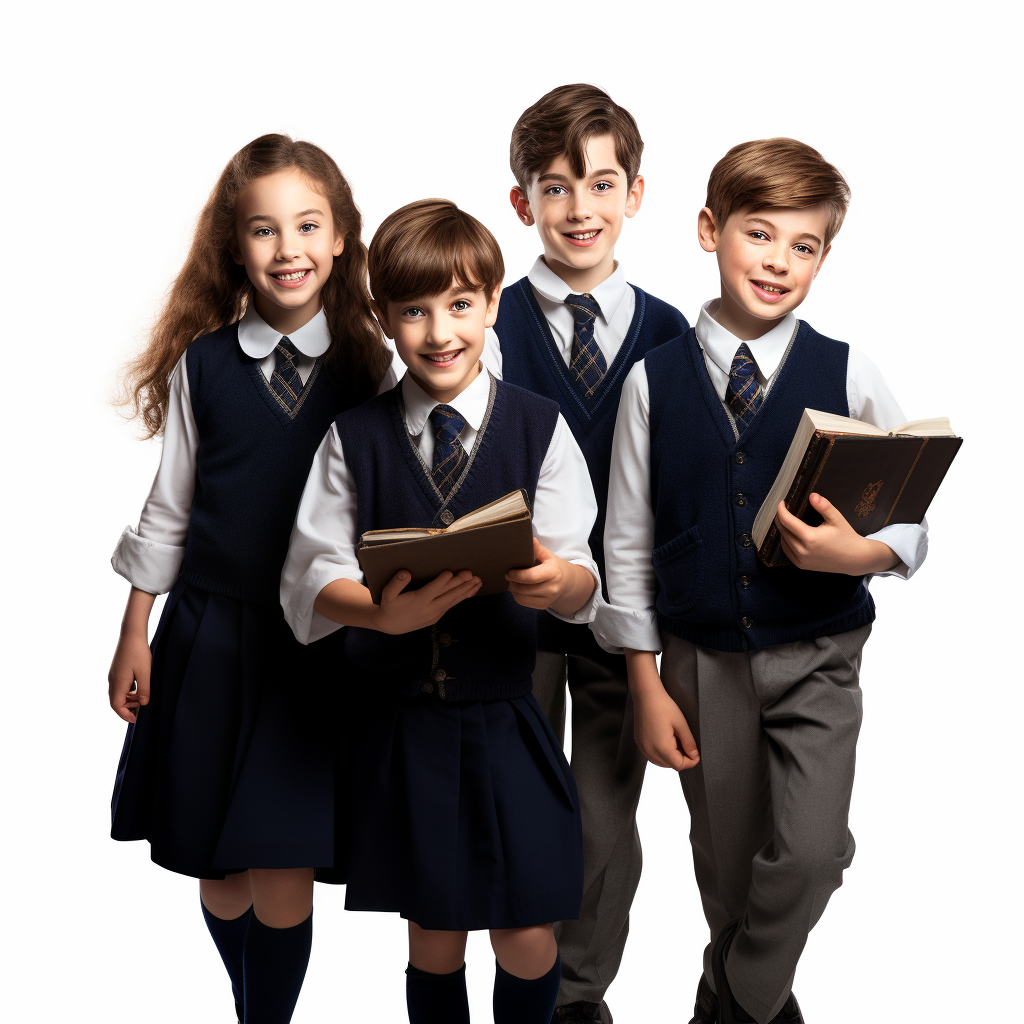 Four British aristocratic school students walking with books