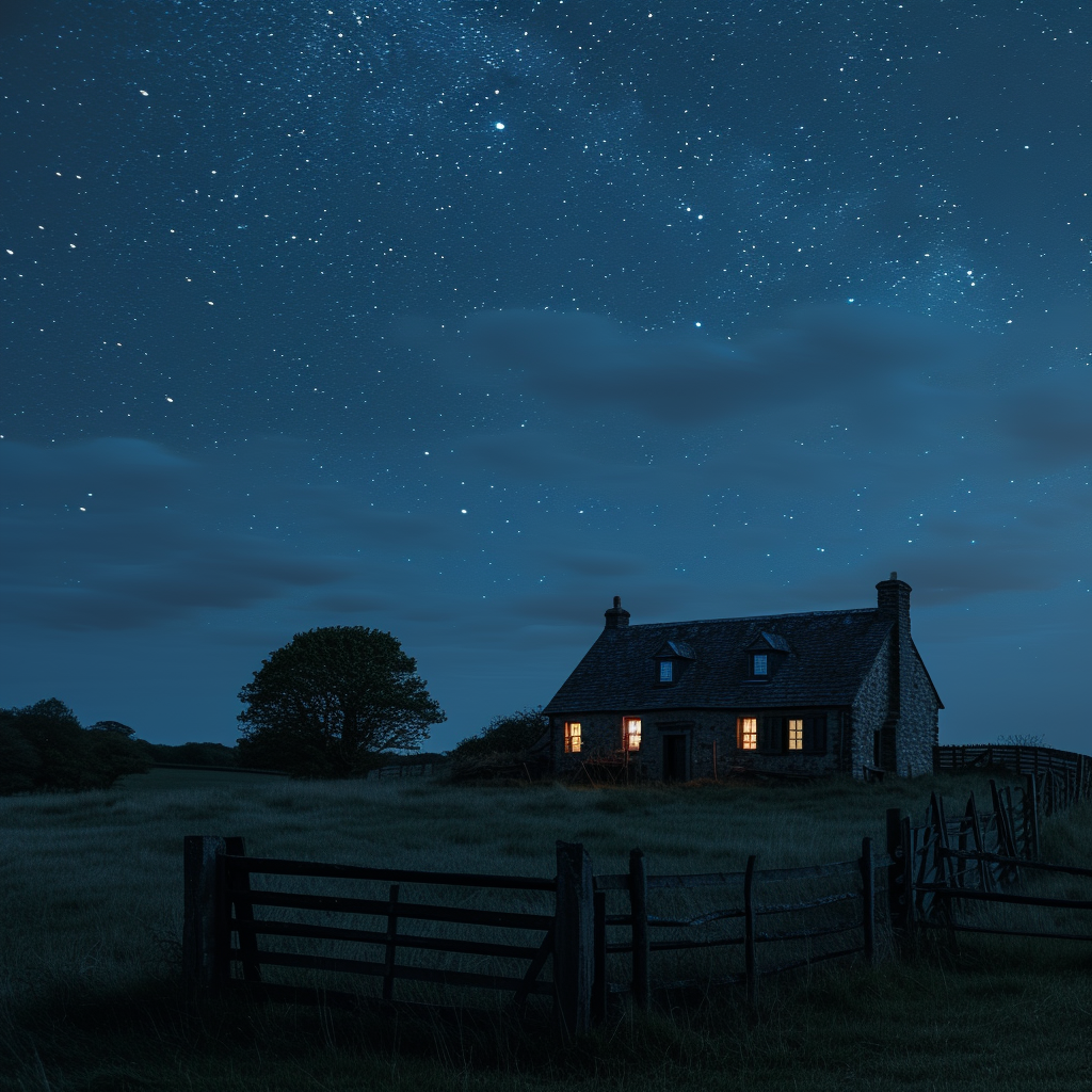 British farmhouse under starry night sky