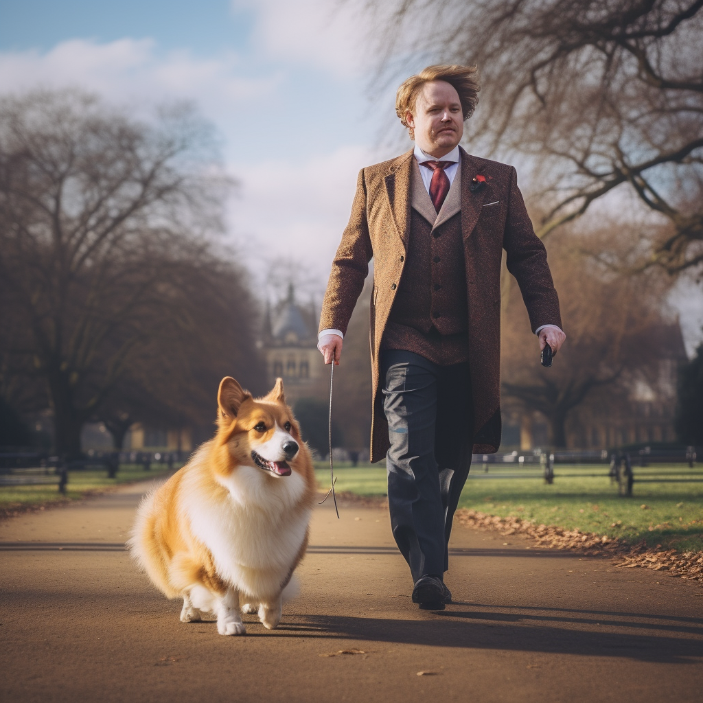 British gentleman with a giant Welshcorgi in the park