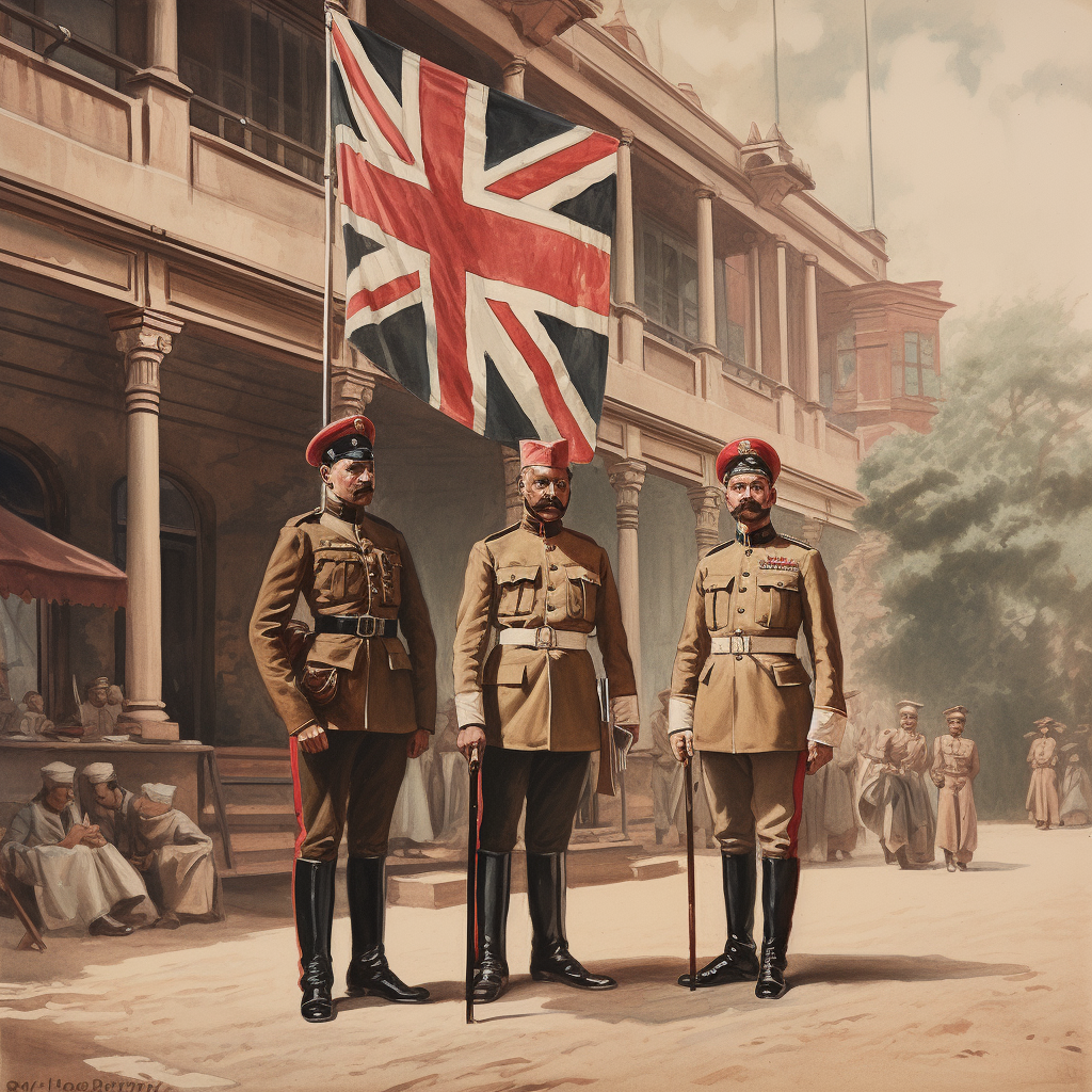 British India officers at government building