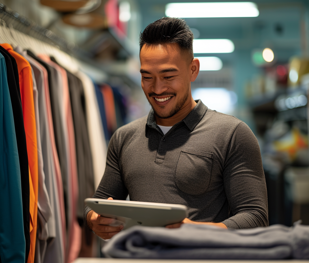 British mixed race male employee smiling with iPad