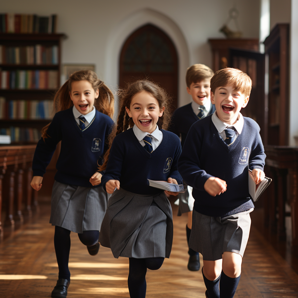 Four happy British primary school students running with books