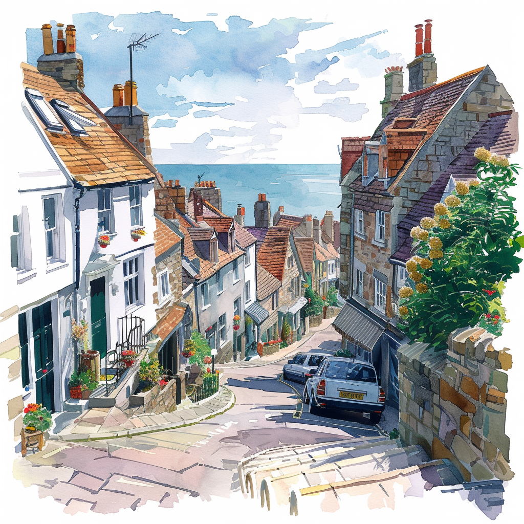 Detailed Watercolour of Quaint British Seaside Town