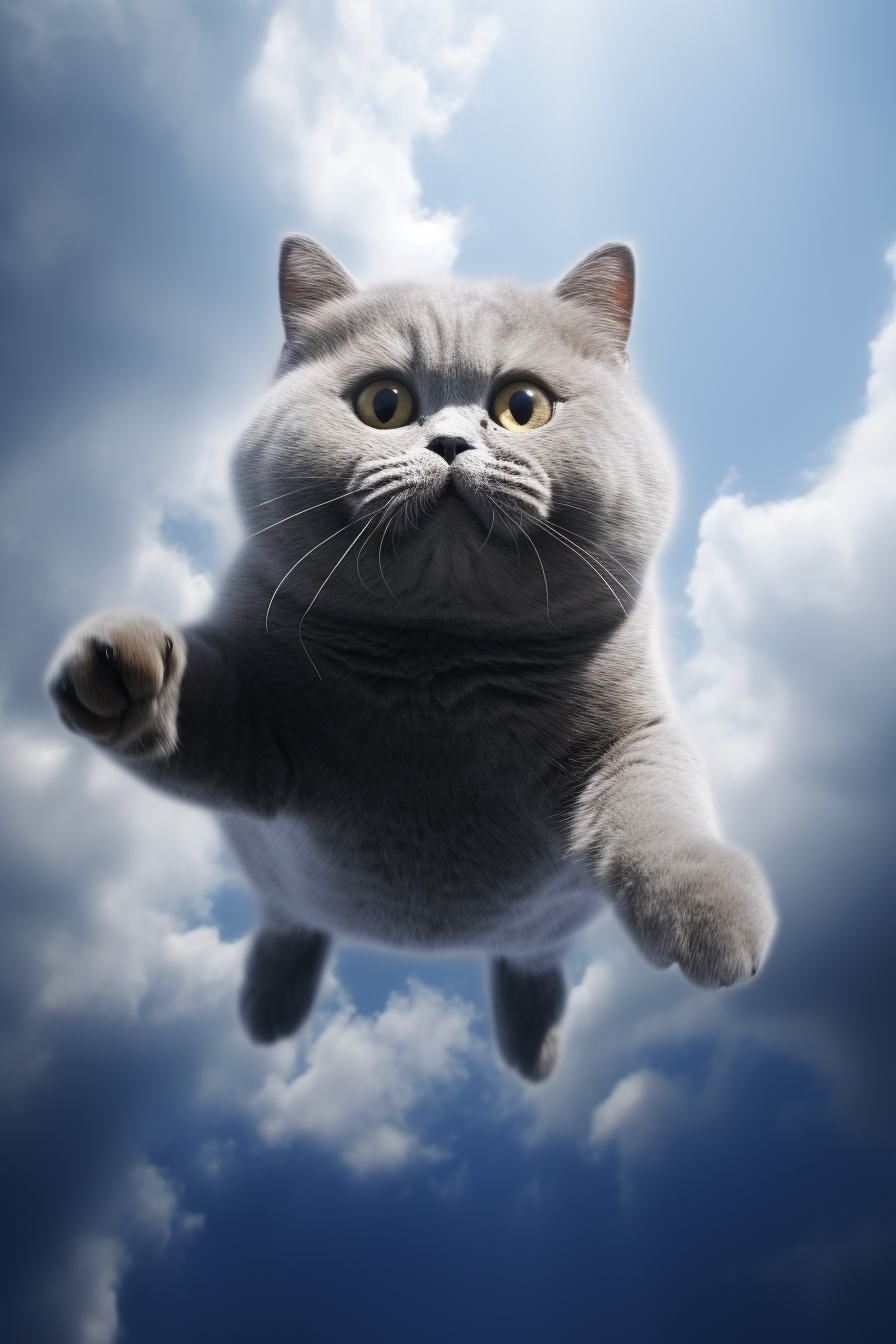 British Shorthair cat flying through clouds