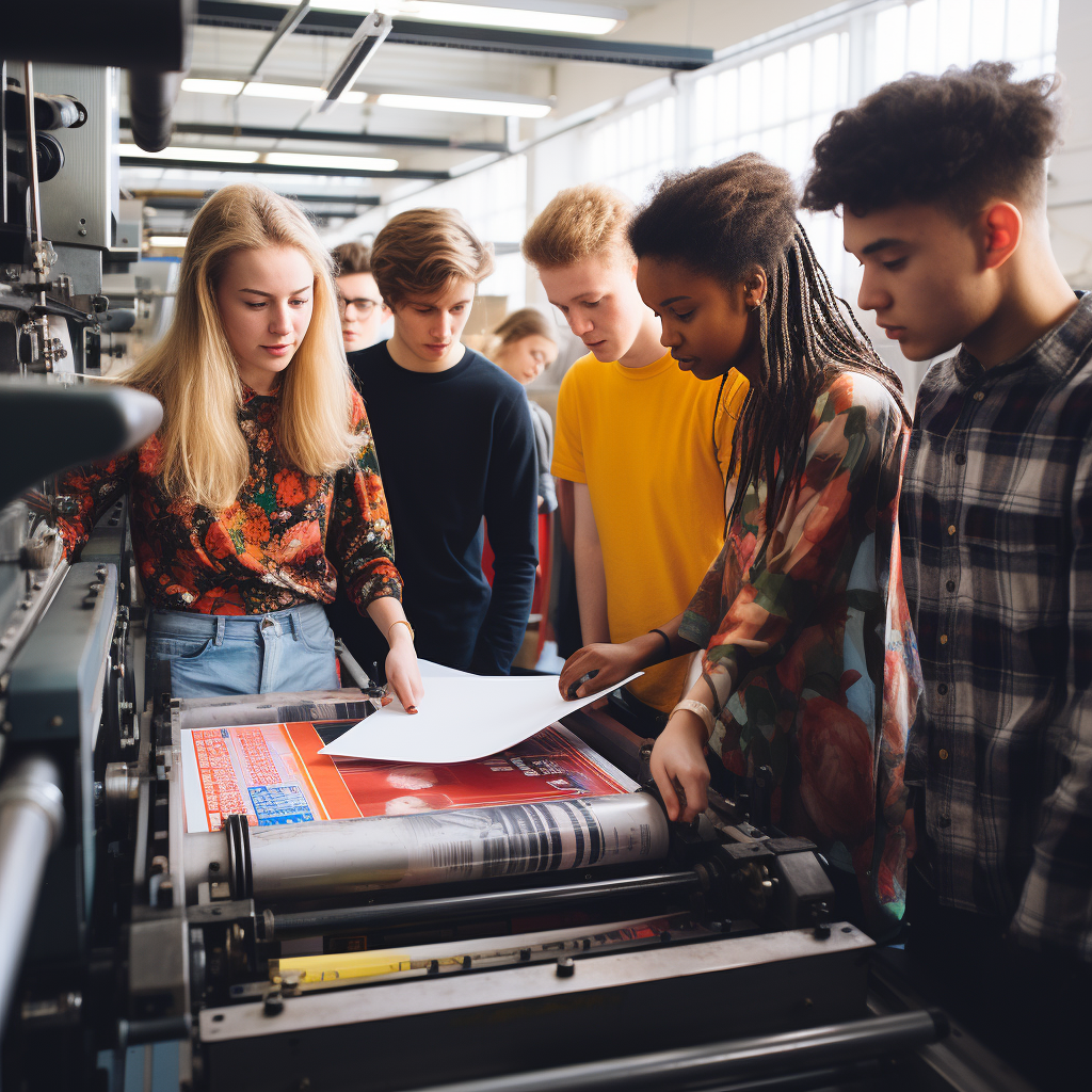 Group of British students at printing press