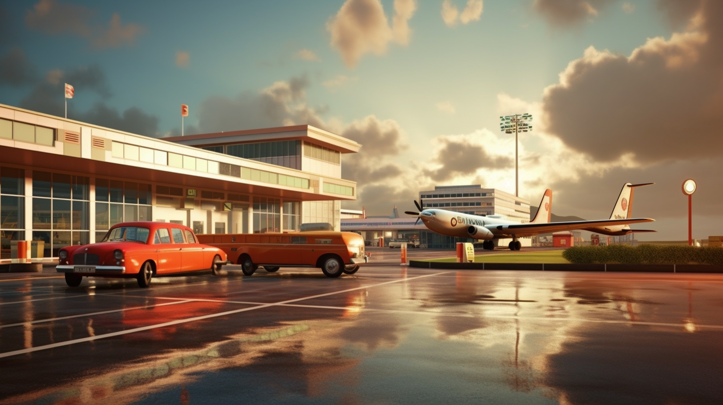 Hyper-realistic depiction of a 1950s British airport