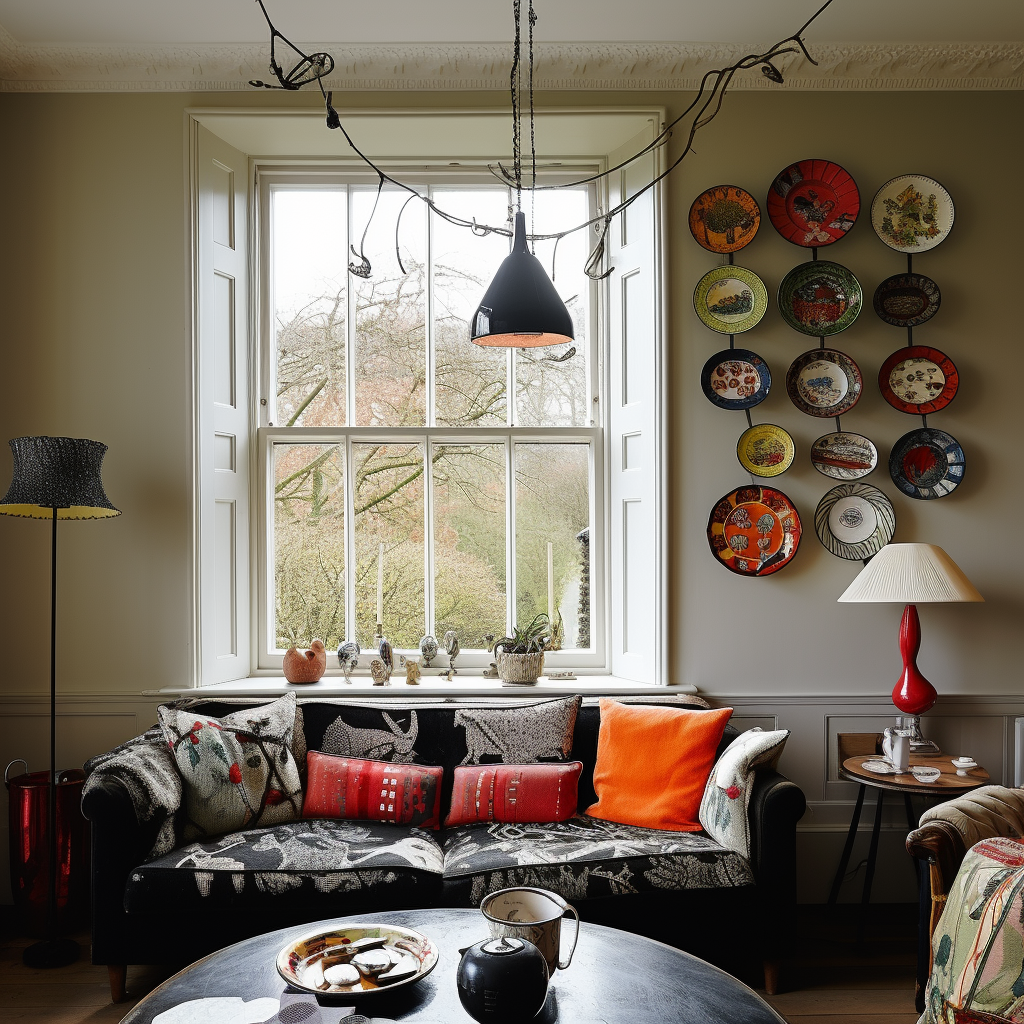 Contemporary plates hanging in stylish British house