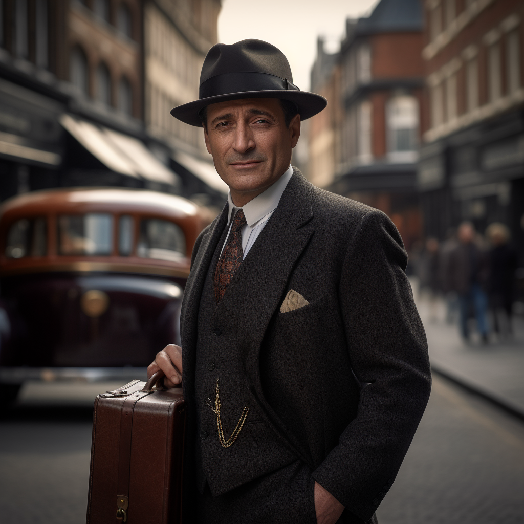 British man in pinstripe suit with sarcastic smile