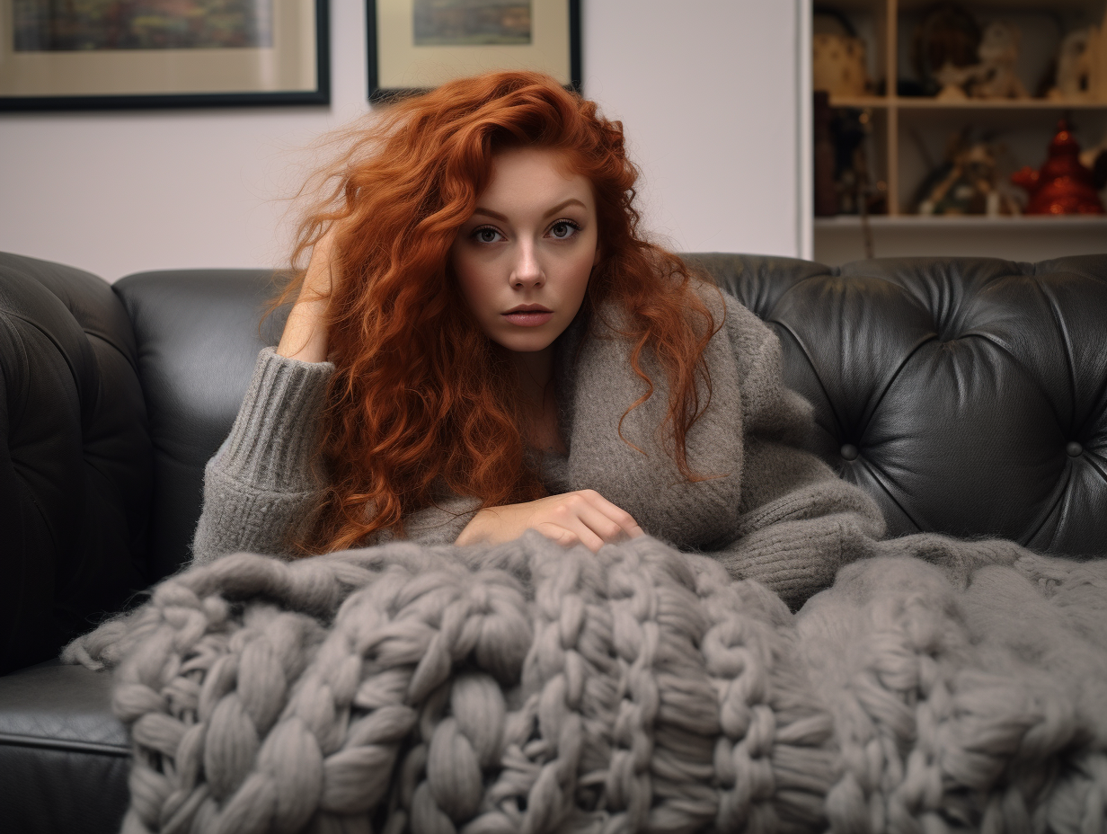 British model confidently posing on a huge couch