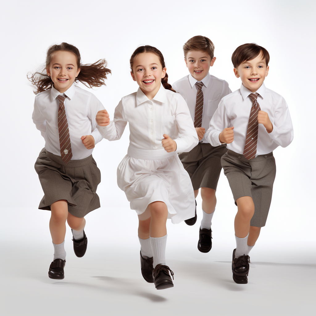 Four British school students running with books