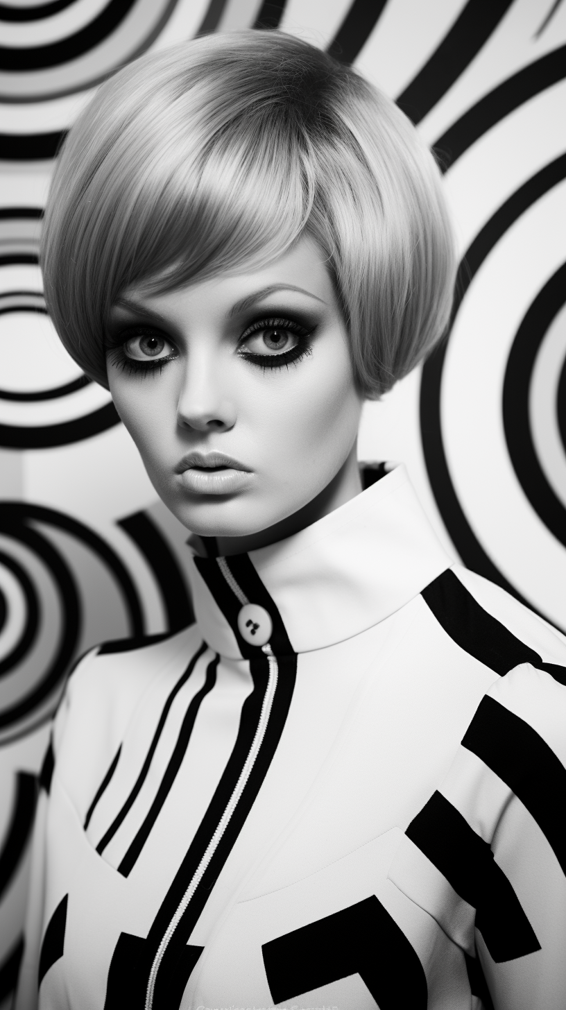 Twiggy in mod style black and white photo