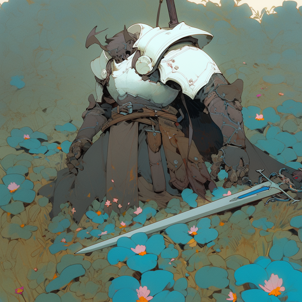 Knight in Broken Armor surrounded by Flowers