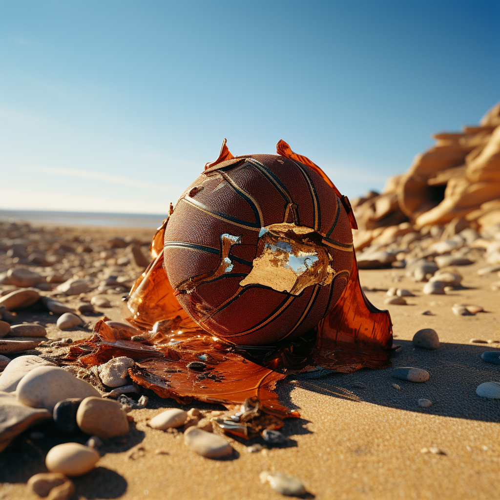 A broken basketball in the desert