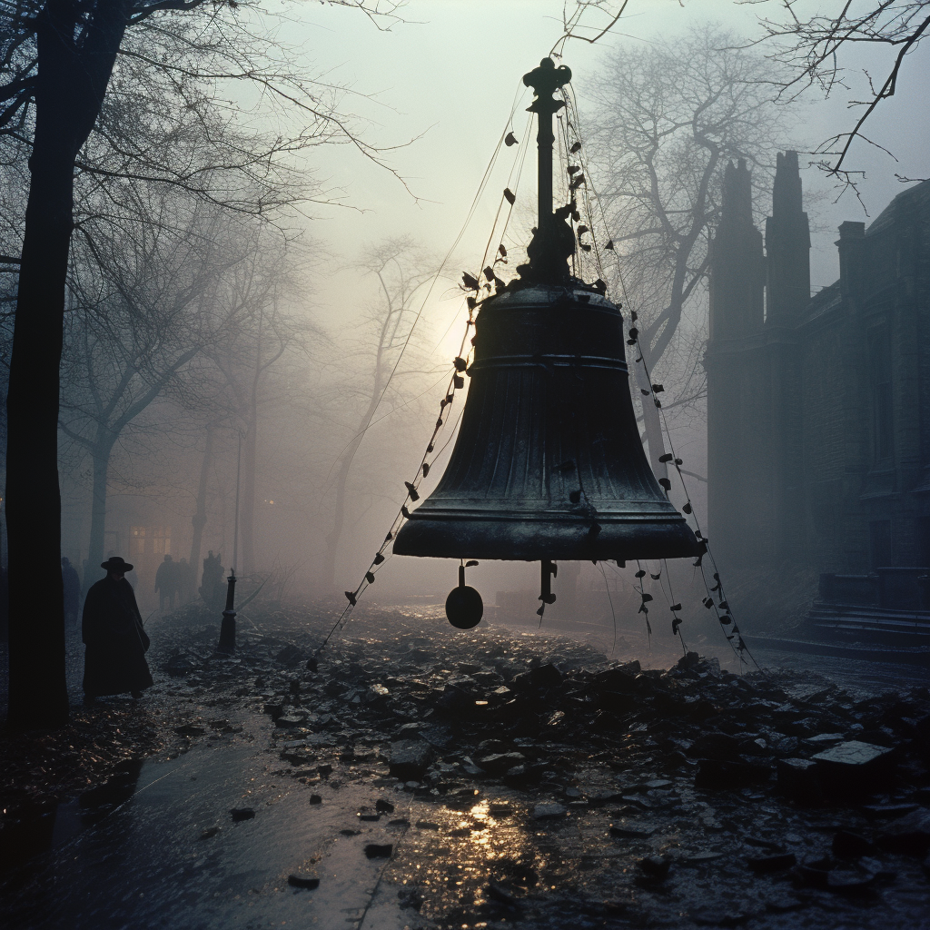 Broken bell in foggy London street