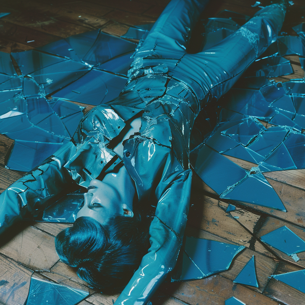 Broken blue mannequin woman on floor