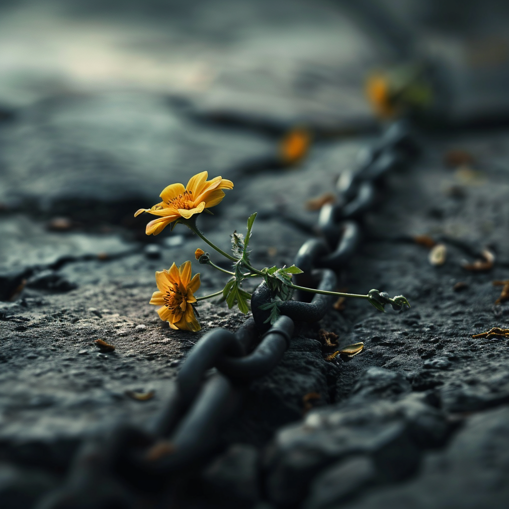 Broken chain with blooming flowers