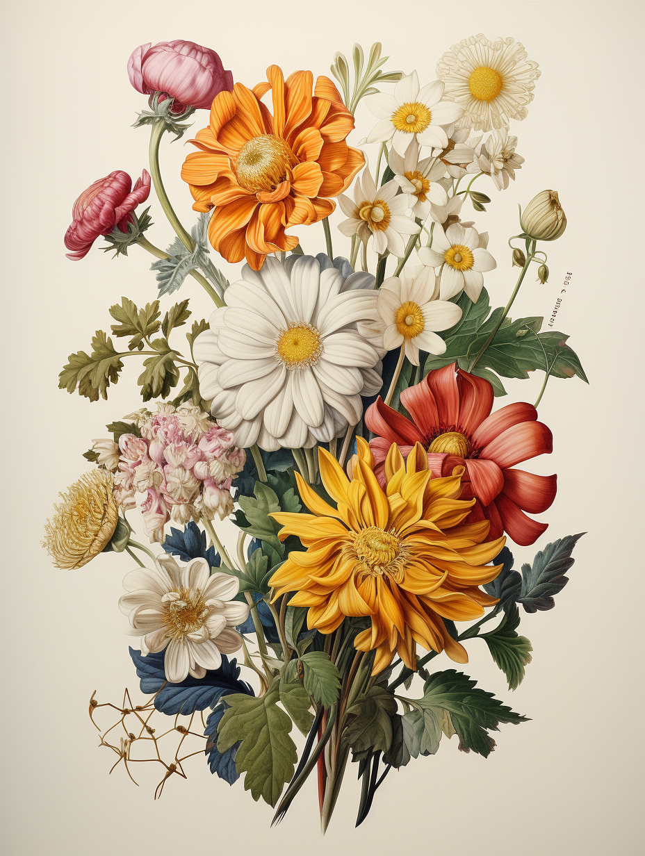 Broken chrysanthemums botanical illustration