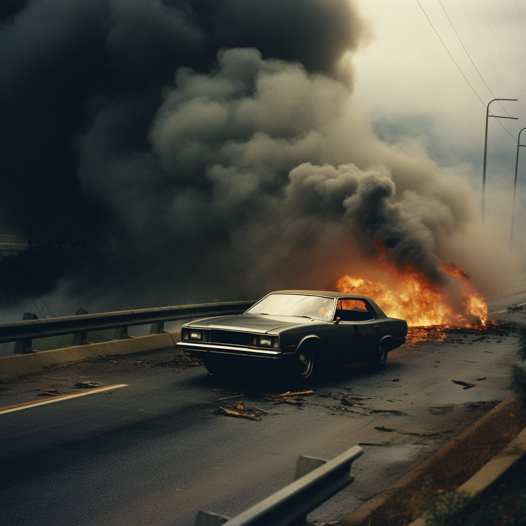 Broken classic sedan car on highway with smoke