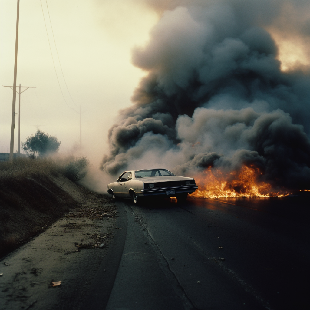 Broken classic sedan car on highway with smoke