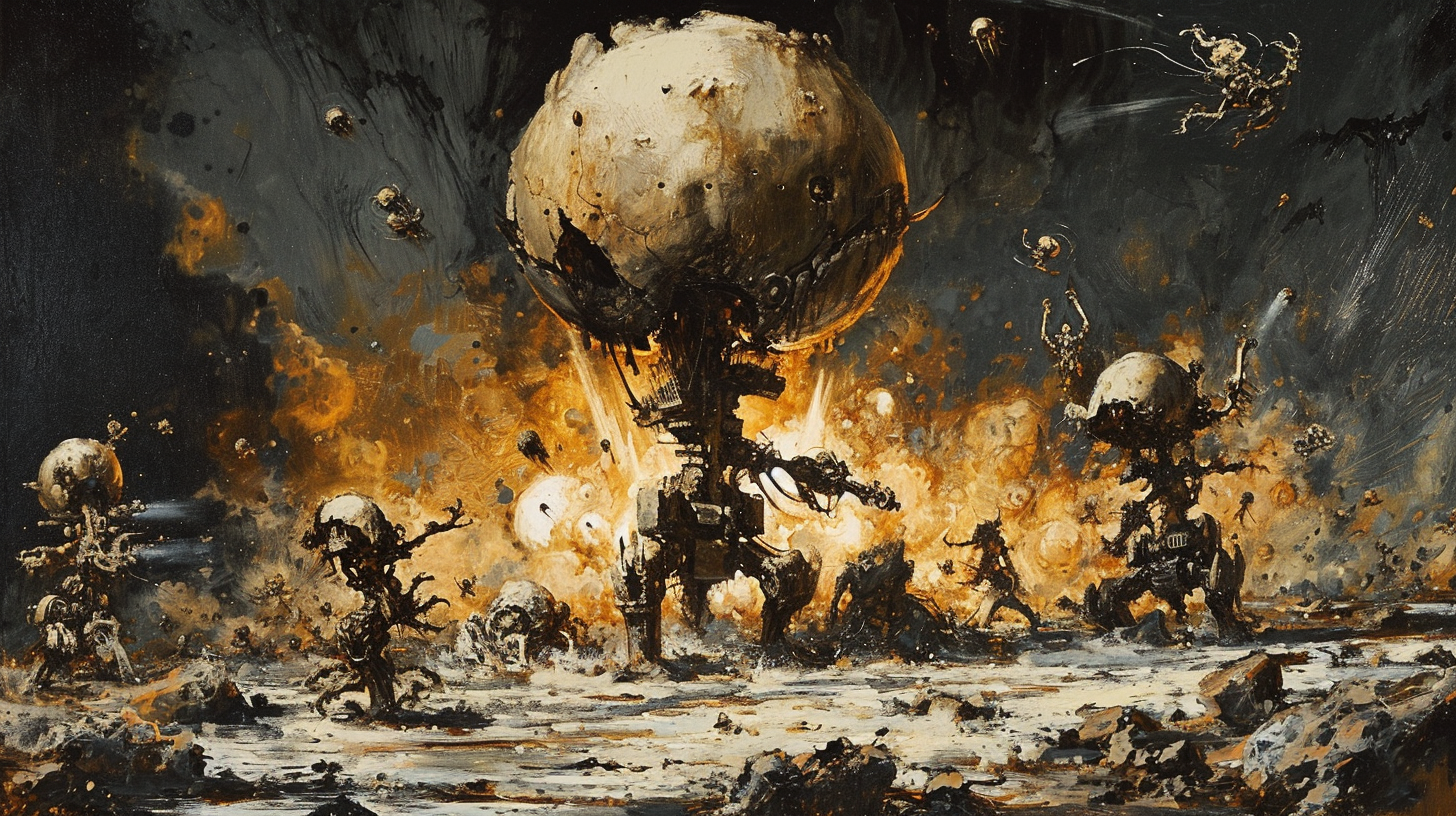 Rusting Lovecraftian robots amidst a nuclear explosion