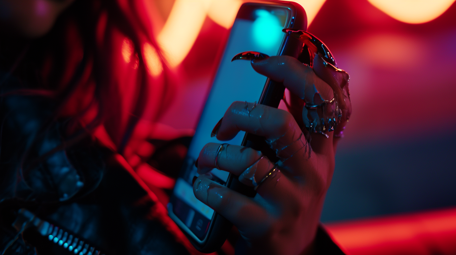 Woman's hand with broken manicured nails holding smartphone