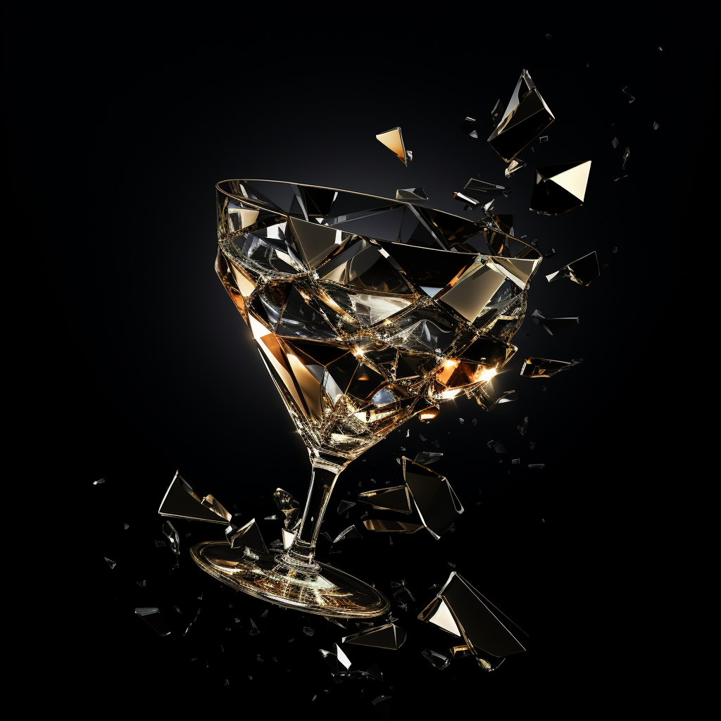 Shattered martini glass with spilled liquid