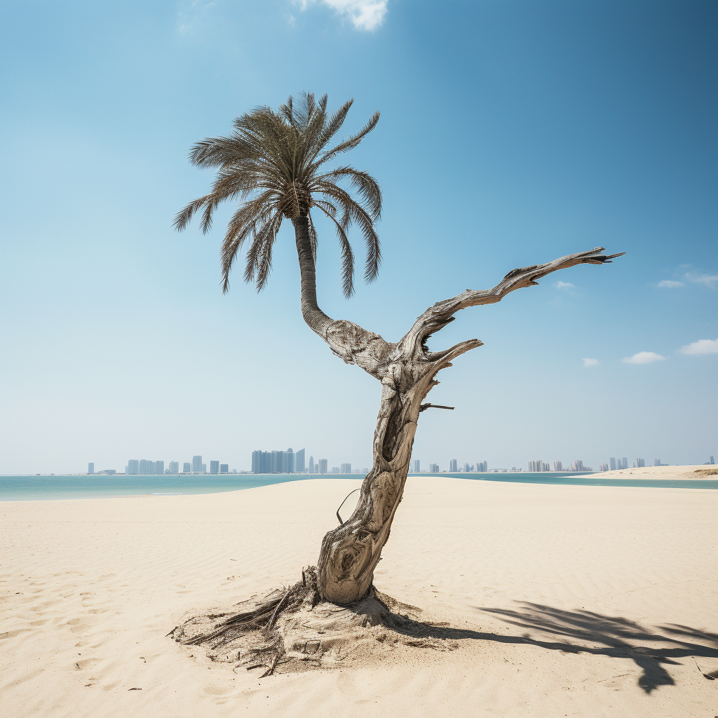 Broken palm tree on Abu Dhabi beach