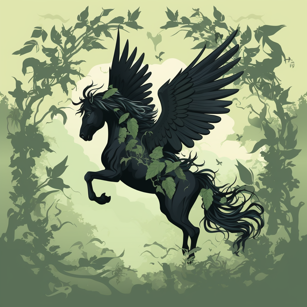 Silhouette of a Broken Pegasus with Green Leaves and Vines